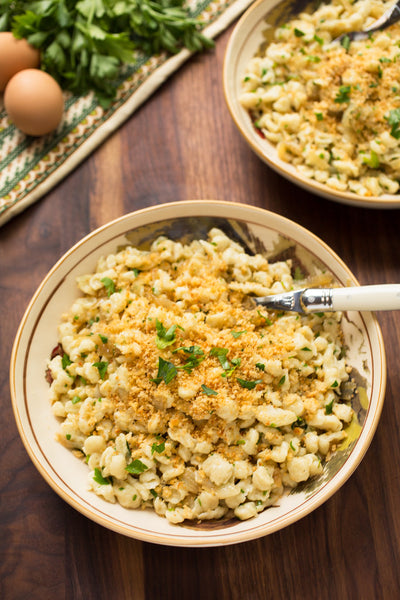 German Spaetzle with Caramelized Onions and Herbs